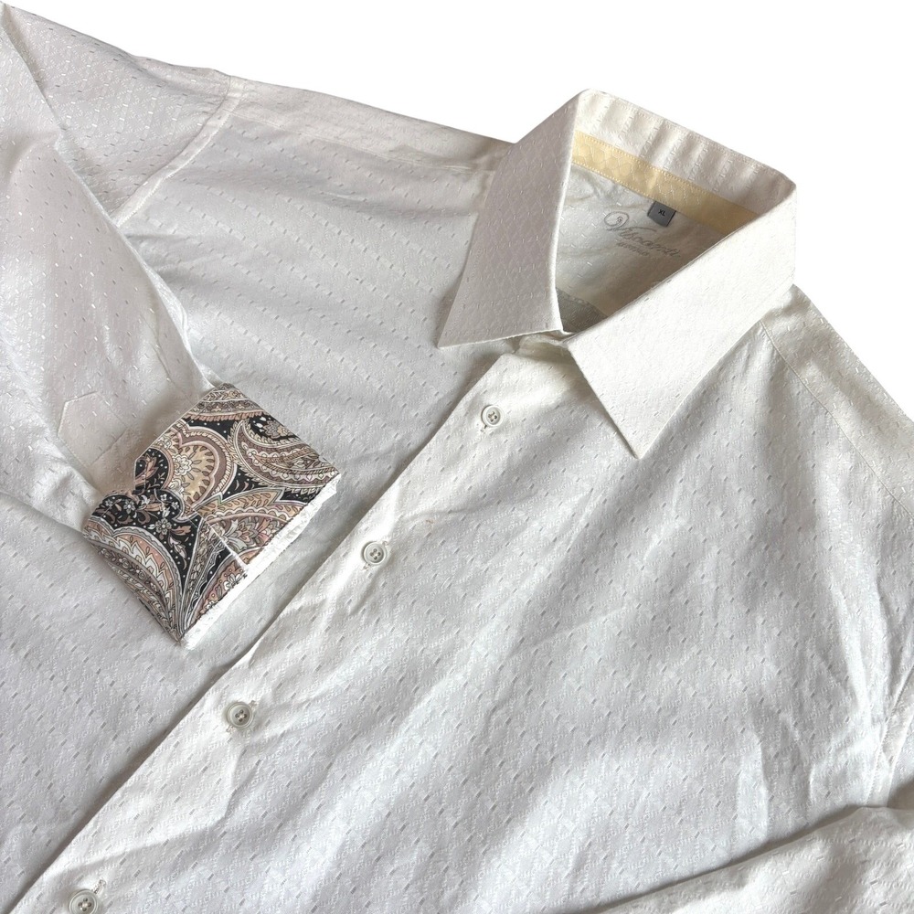 Visconti Mens XL White Dress Shirt Paisley Trim Long Sleeve Button Down Formal